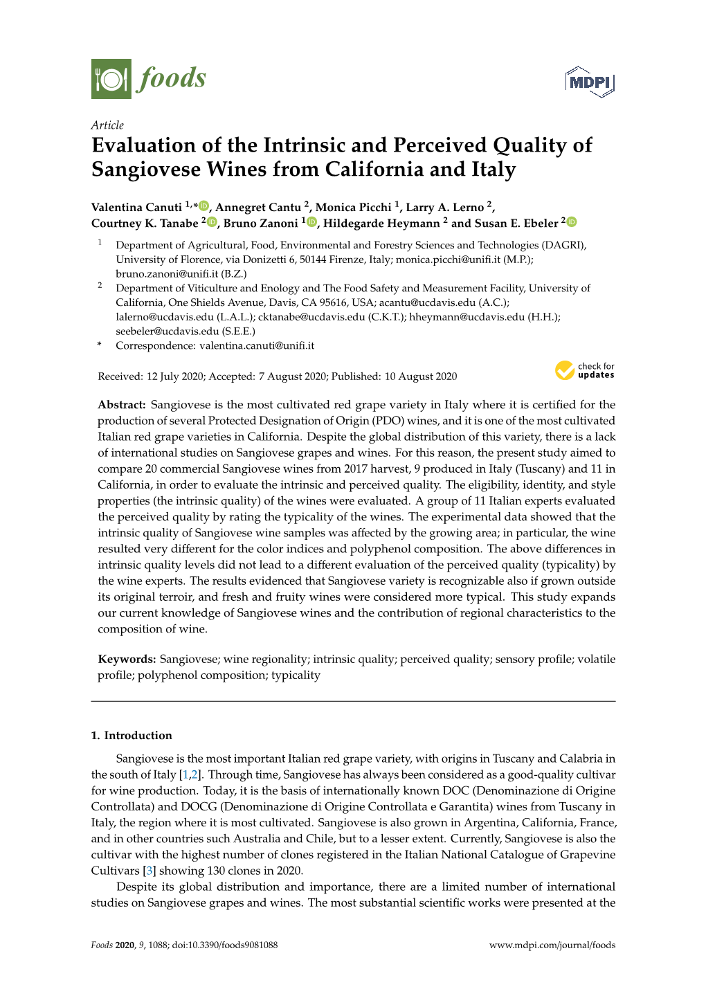 Evaluation of the Intrinsic and Perceived Quality of Sangiovese Wines from California and Italy