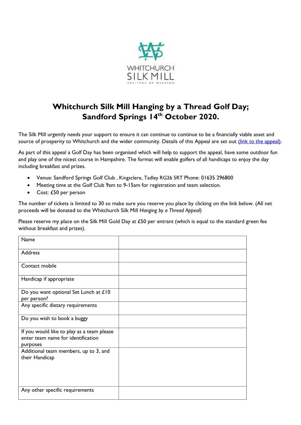 Whitchurch Silk Mill Hanging by a Thread Golf Day; Sandford Springs 14Th October 2020