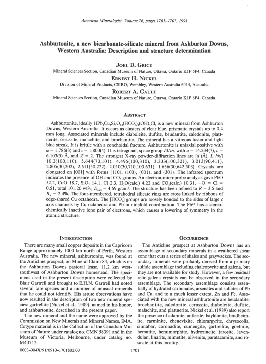 Ashburtonite, a New Bicarbonate-Silicatemineral from Ashburton Downs, Western Australia: Description and Structure Determination