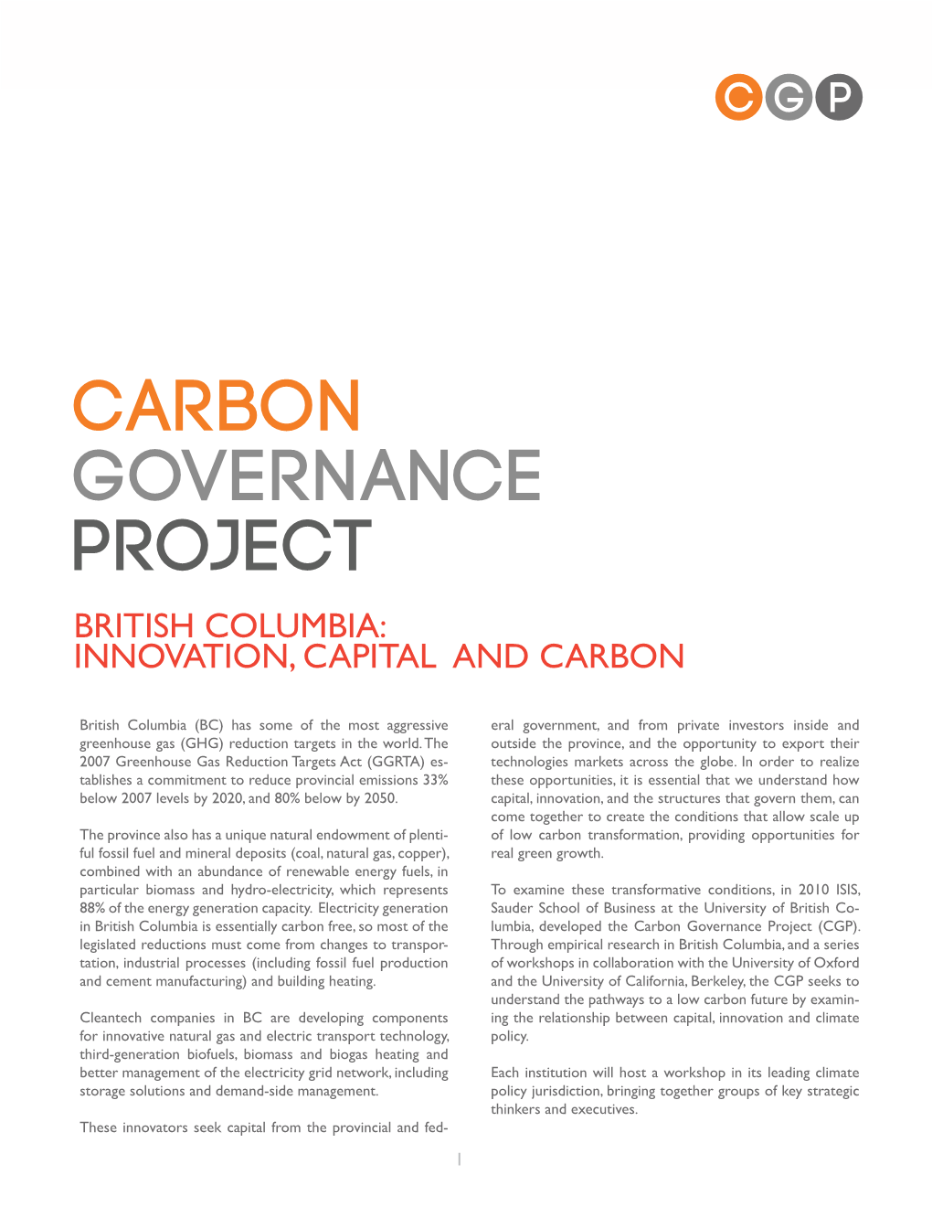 CGP Report on BC Innovation, Capital and Carbon