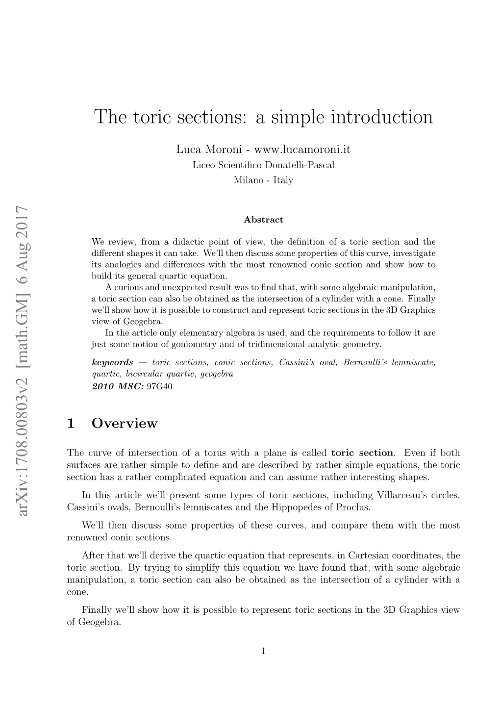 The Toric Sections: a Simple Introduction