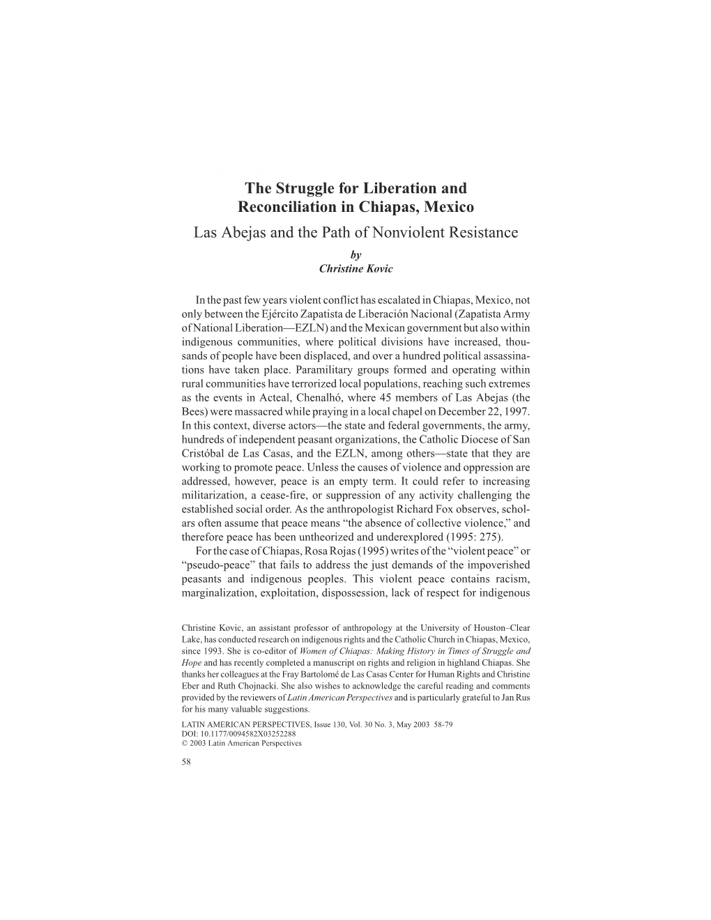 The Struggle for Liberation and Reconciliation in Chiapas, Mexico Las Abejas and the Path of Nonviolent Resistance by Christine Kovic