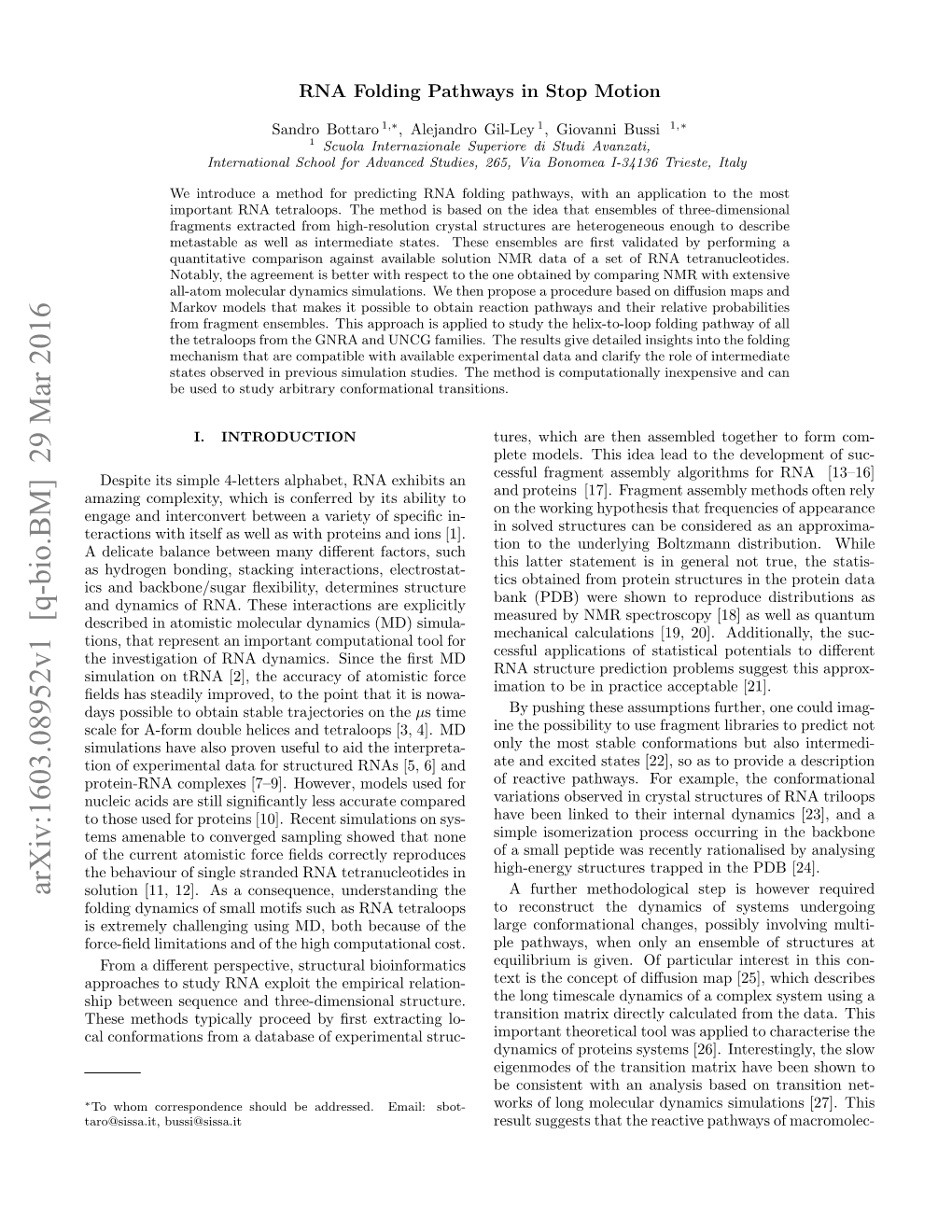 Arxiv:1603.08952V1 [Q-Bio.BM] 29 Mar 2016 Solution [11, 12]