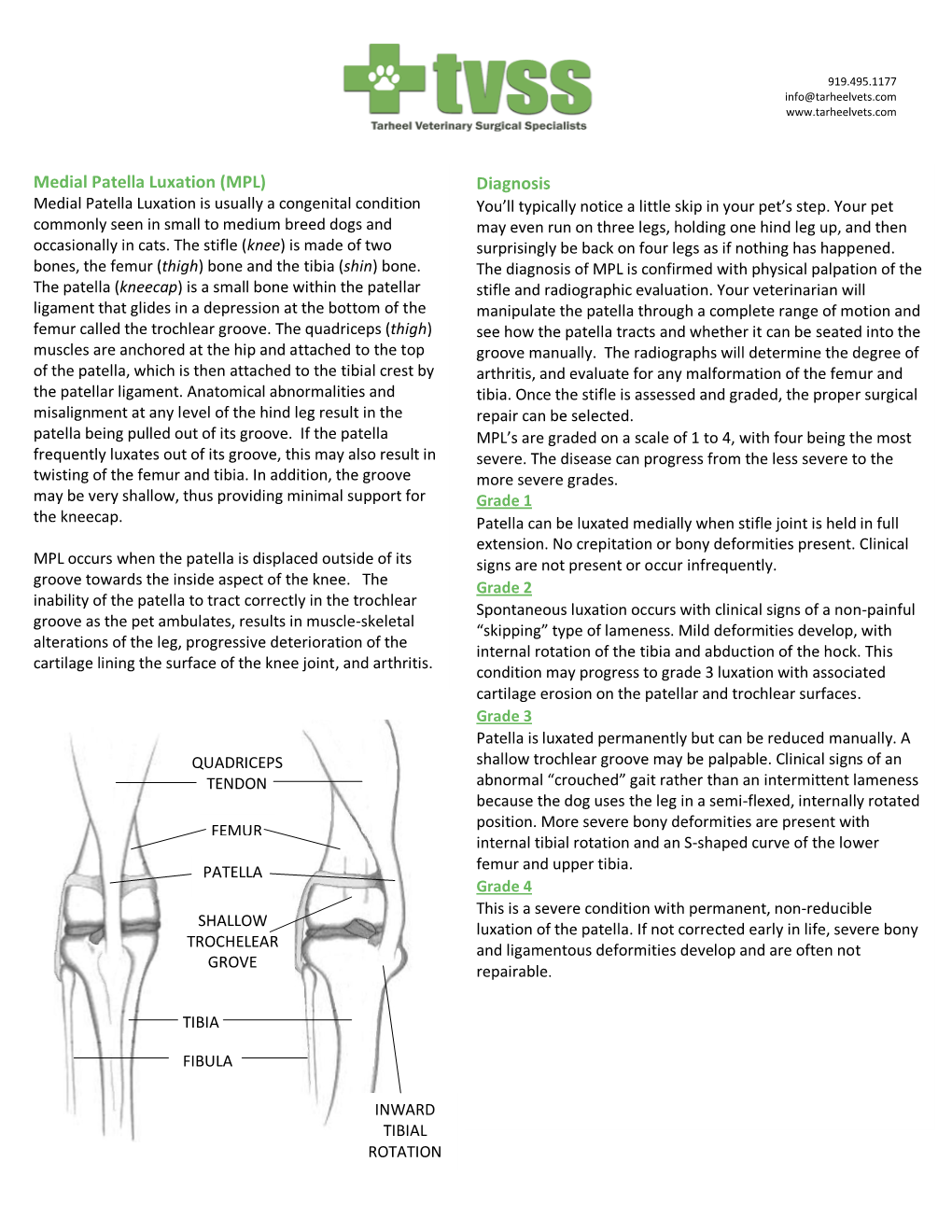 Medial Patella Luxation (MPL) Diagnosis Medial Patella Luxation Is Usually a Congenital Condition You’Ll Typically Notice a Little Skip in Your Pet’S Step