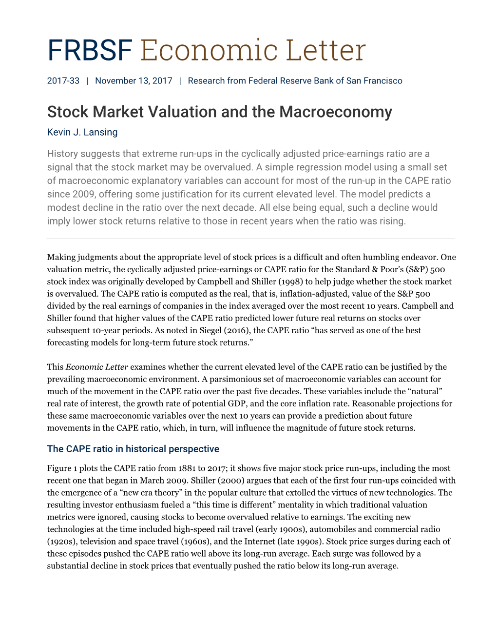 Stock Market Valuation and the Macroeconomy Kevin J