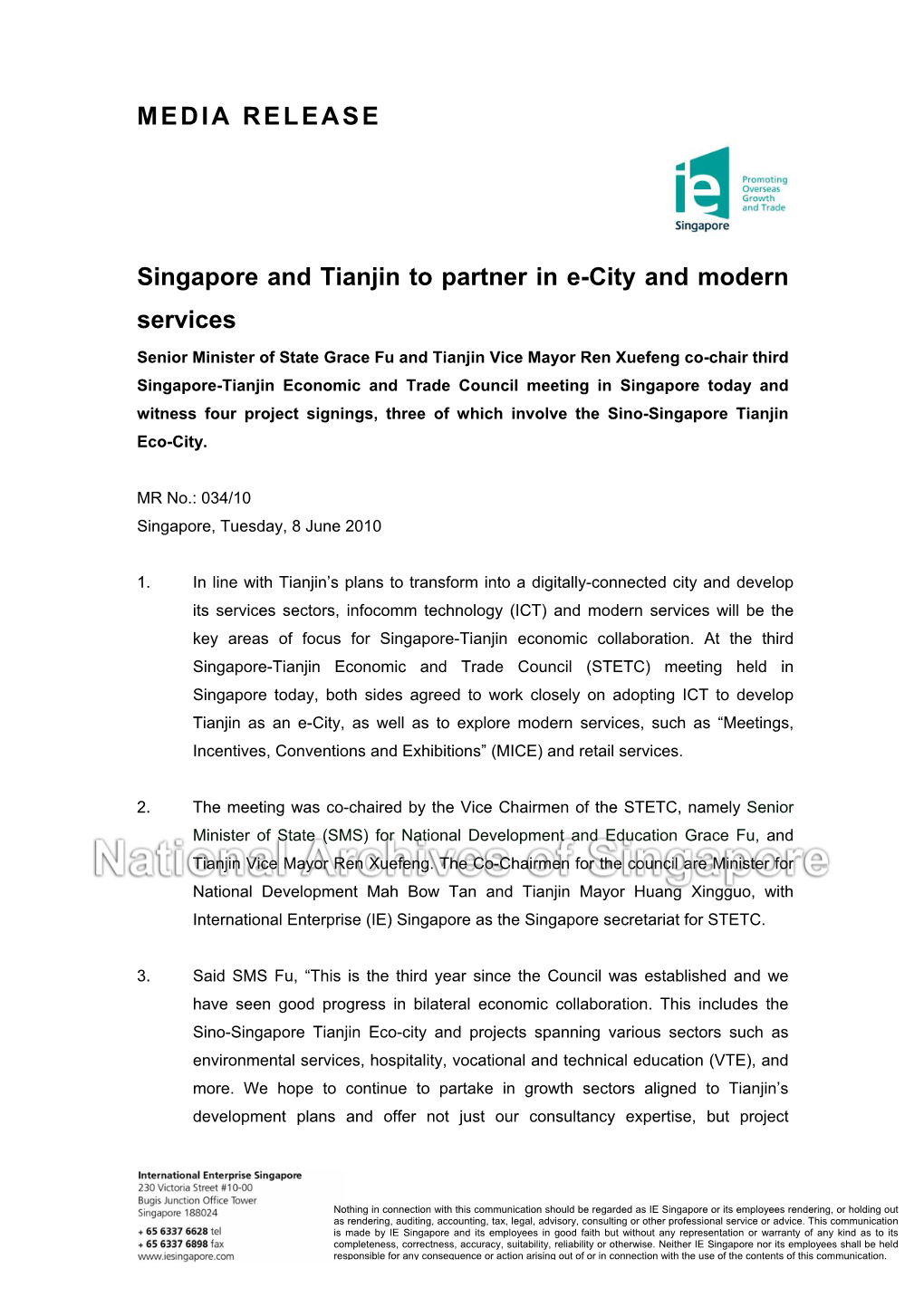 MEDIA RELEASE Singapore and Tianjin to Partner in E-City And