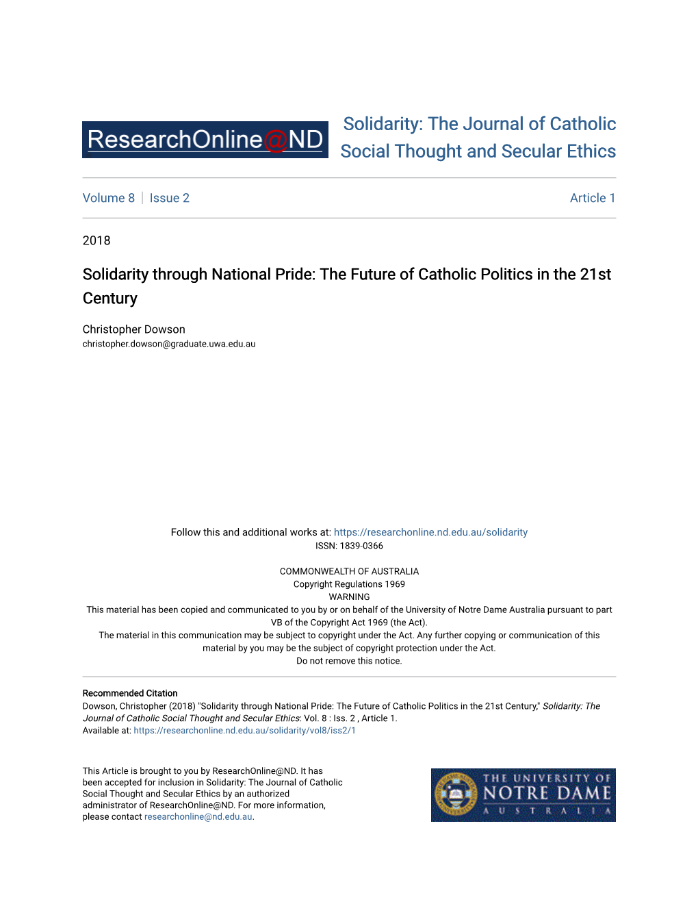 Solidarity Through National Pride: the Future of Catholic Politics in the 21St Century