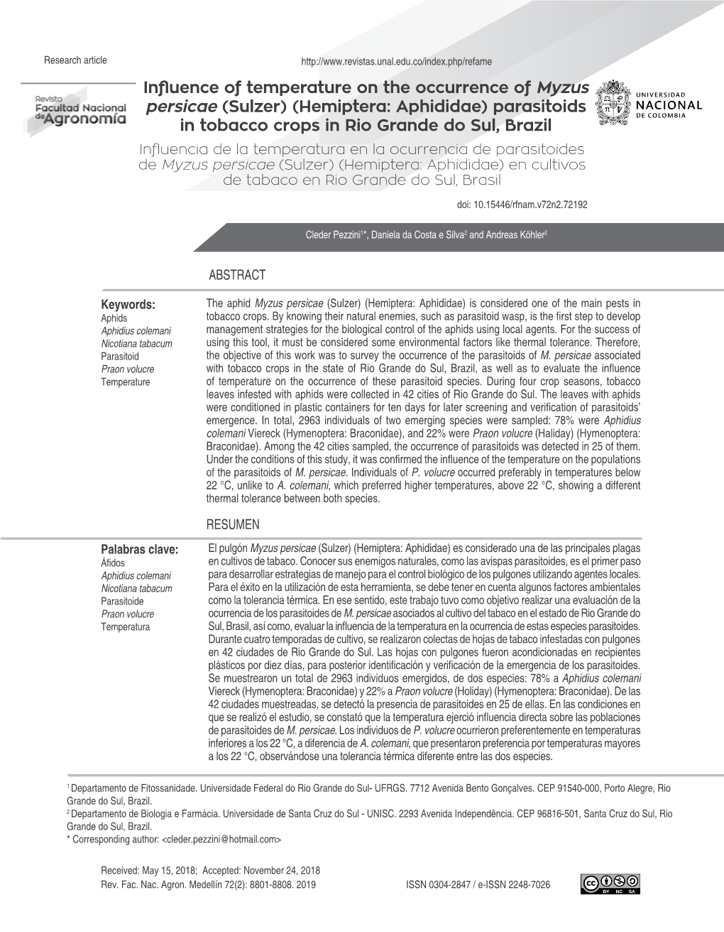 Influence of Temperature on the Occurrence of Myzus Persicae (Sulzer) (Hemiptera: Aphididae) Parasitoids in Tobacco Crops in Rio Grande Do Sul, Brazil