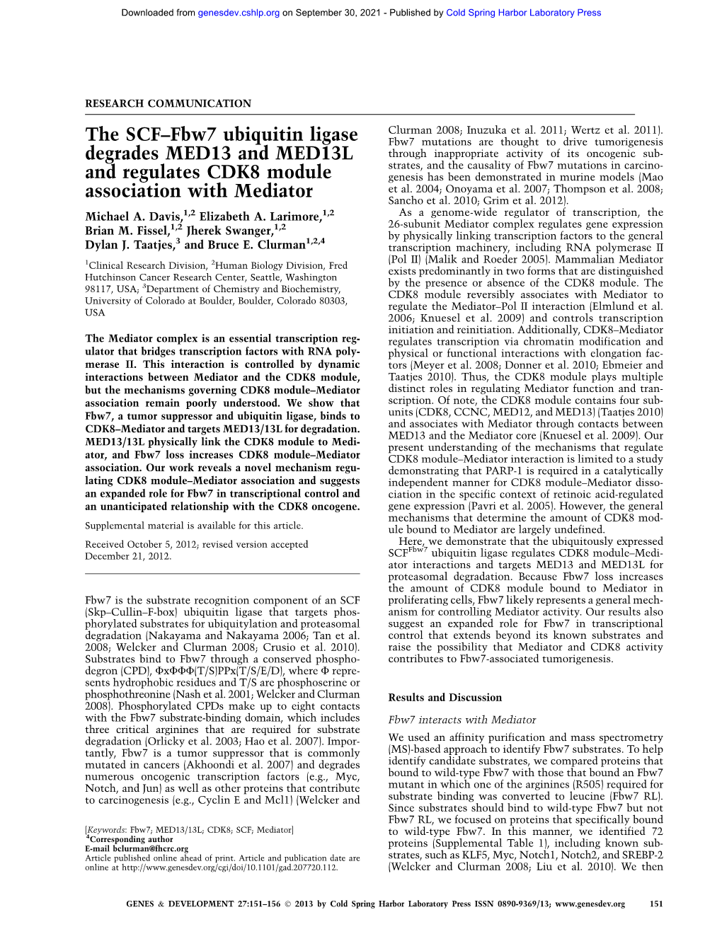 The SCF–Fbw7 Ubiquitin Ligase Degrades MED13 and MED13L And