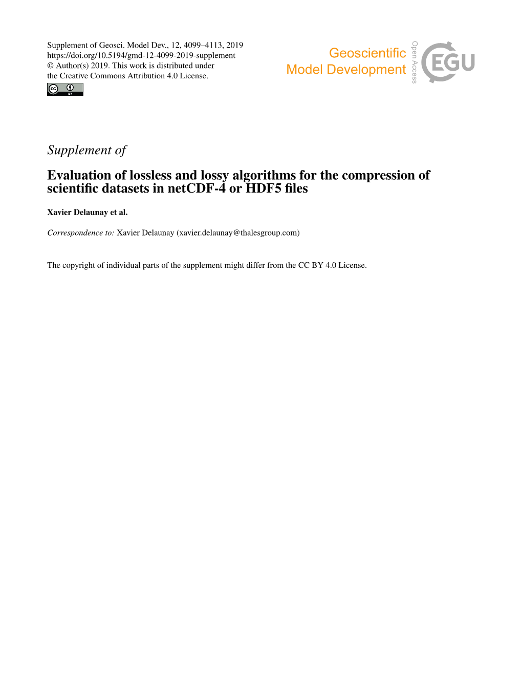 Supplement of Evaluation of Lossless and Lossy Algorithms for the Compression of Scientiﬁc Datasets in Netcdf-4 Or HDF5 ﬁles