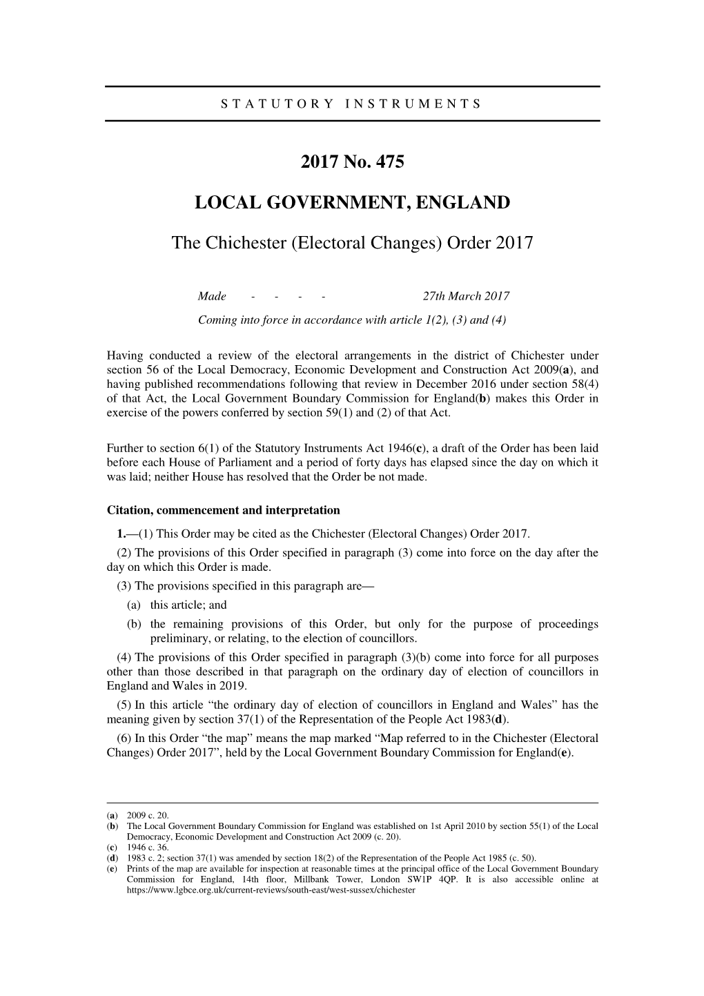 The Chichester (Electoral Changes) Order 2017