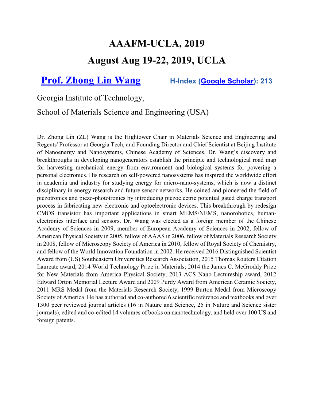 AAAFM-UCLA, 2019 August Aug 19-22, 2019, UCLA Prof. Zhong Lin