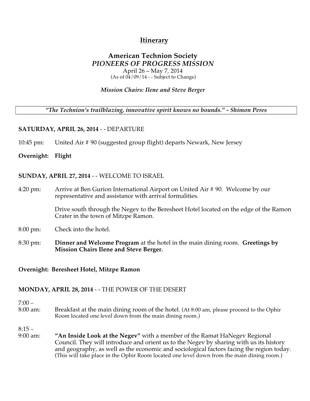 Itinerary American Technion Society PIONEERS of PROGRESS MISSION