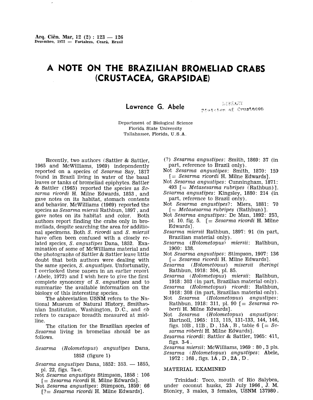 A Note on the Brazilian Bromeliad Crabs (Crustacea, Grapsidae)