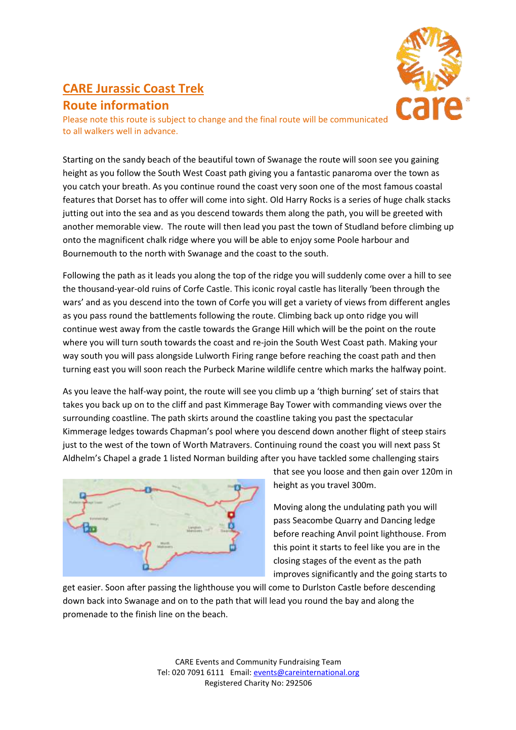 CARE Jurassic Coast Trek Route Information Please Note This Route Is Subject to Change and the Final Route Will Be Communicated to All Walkers Well in Advance