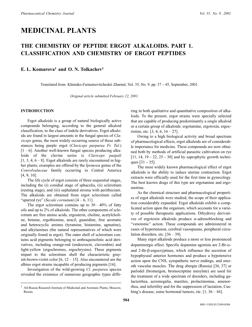 The Chemistry of Peptide Ergot Alkaloids. Part 1. Classification and Chemistry of Ergot Peptides