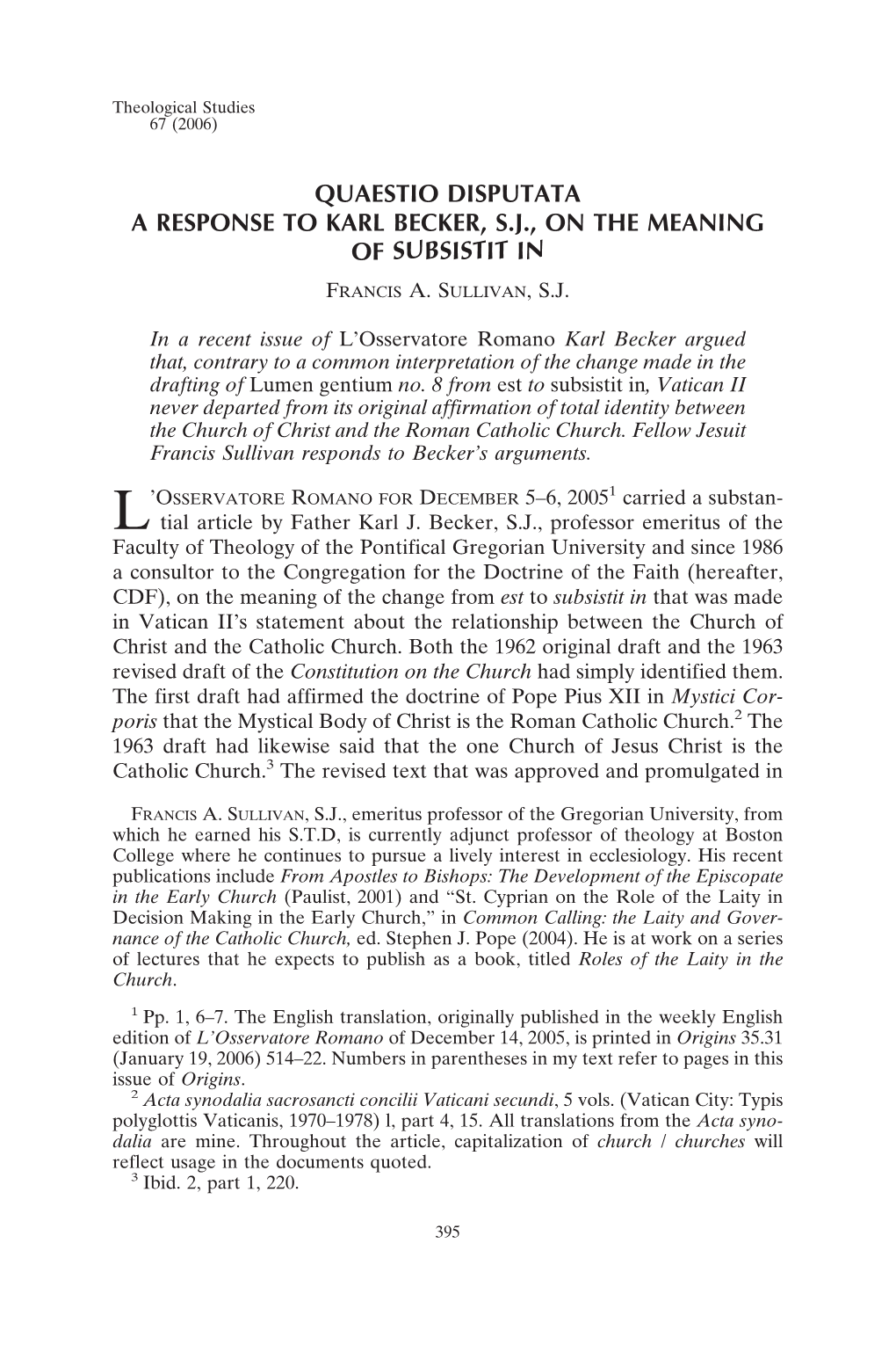 Quaestio Disputata a Response to Karl Becker, S.J., on the Meaning of Subsistit In