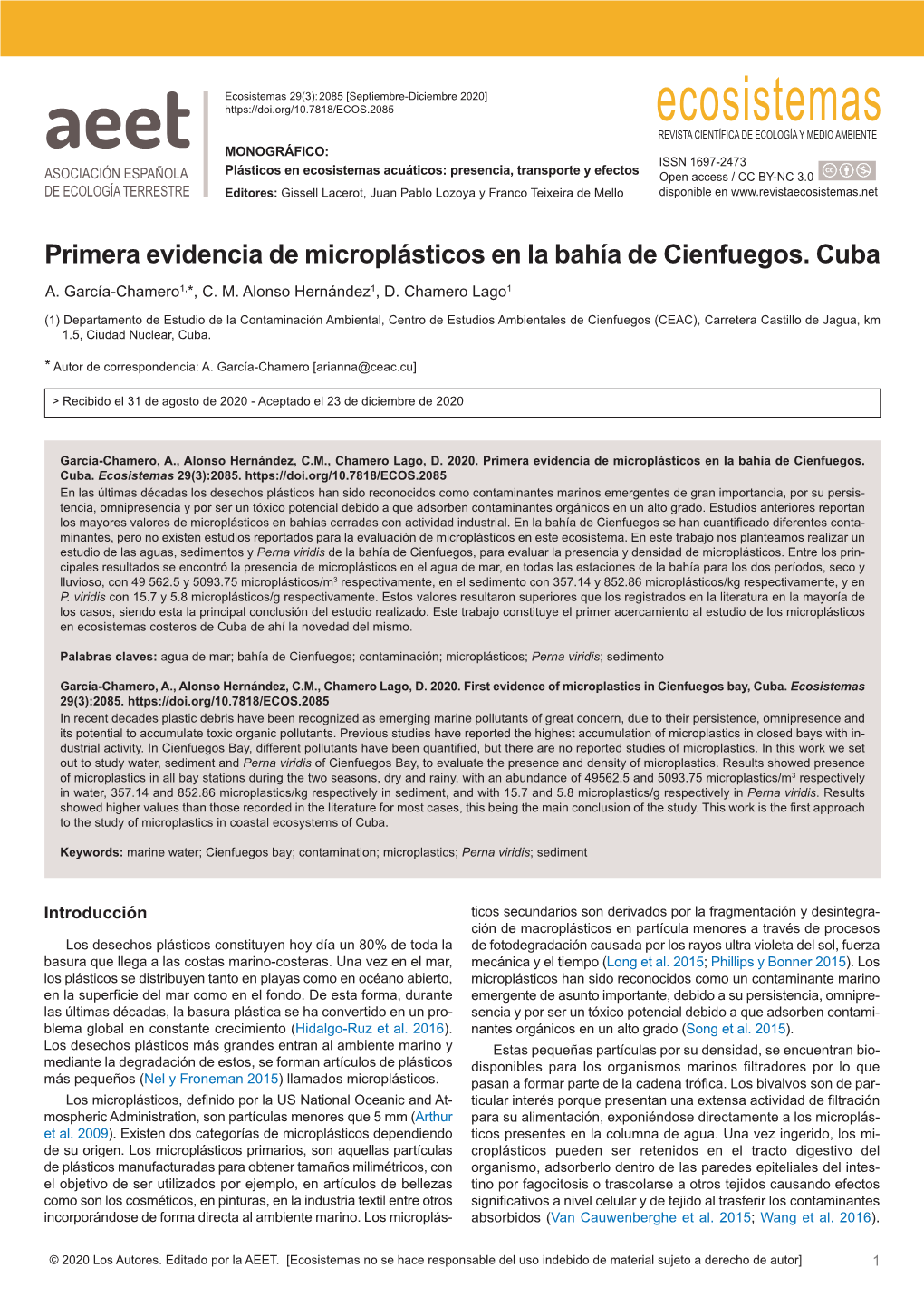 Primera Evidencia De Microplásticos En La Bahía De Cienfuegos. Cuba A