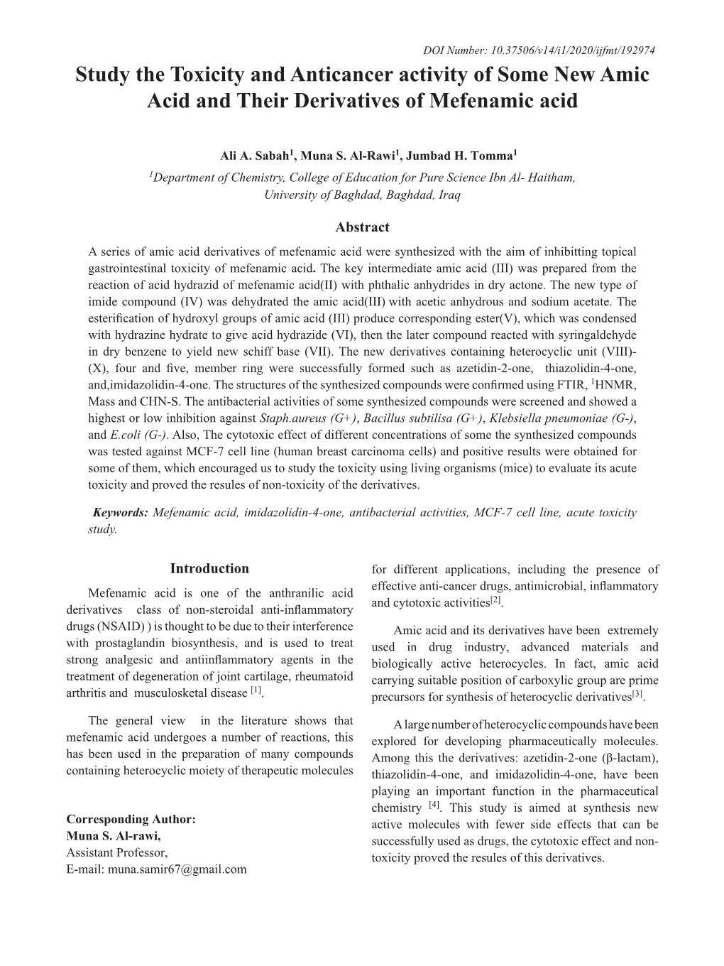 Study the Toxicity and Anticancer Activity of Some New Amic Acid and Their Derivatives of Mefenamic Acid