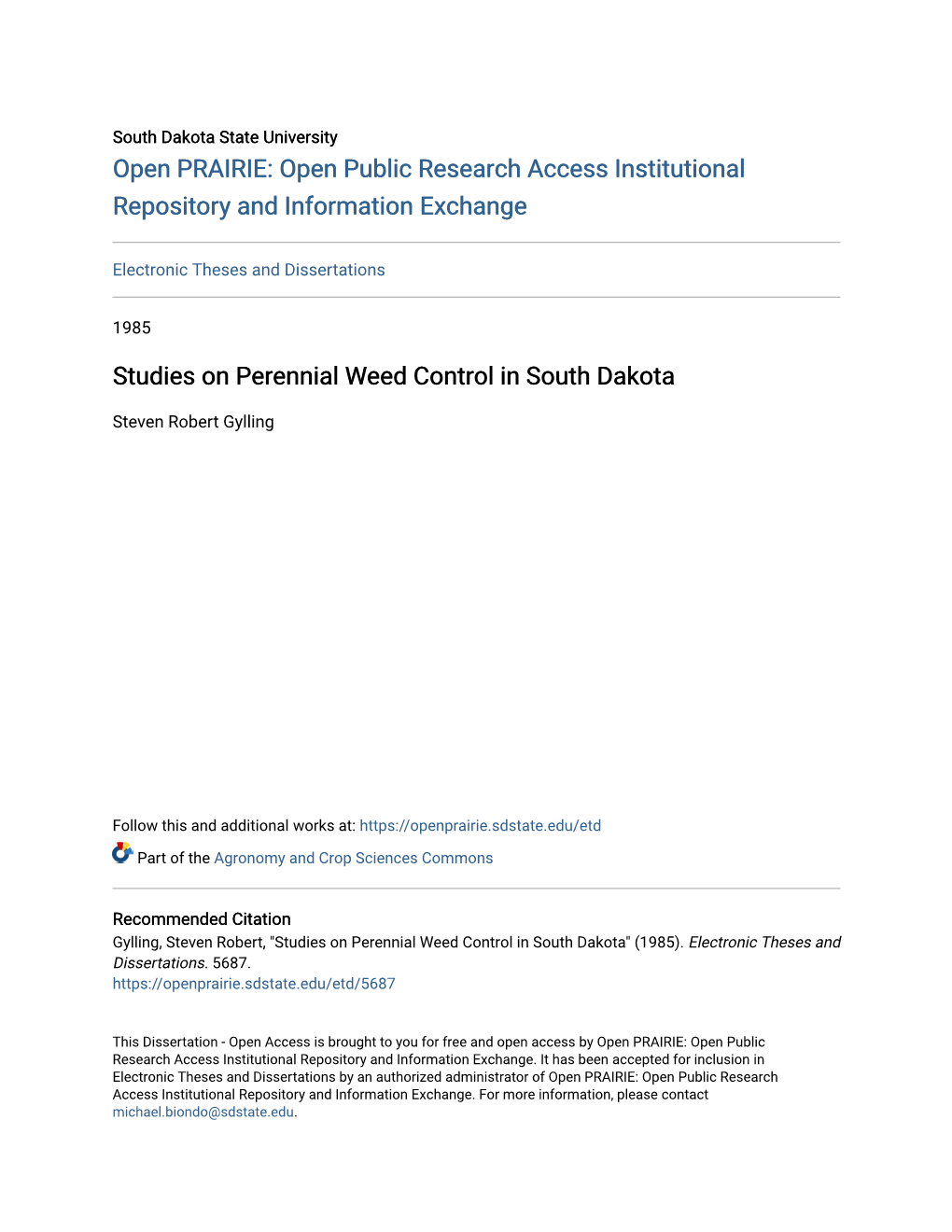 Studies on Perennial Weed Control in South Dakota