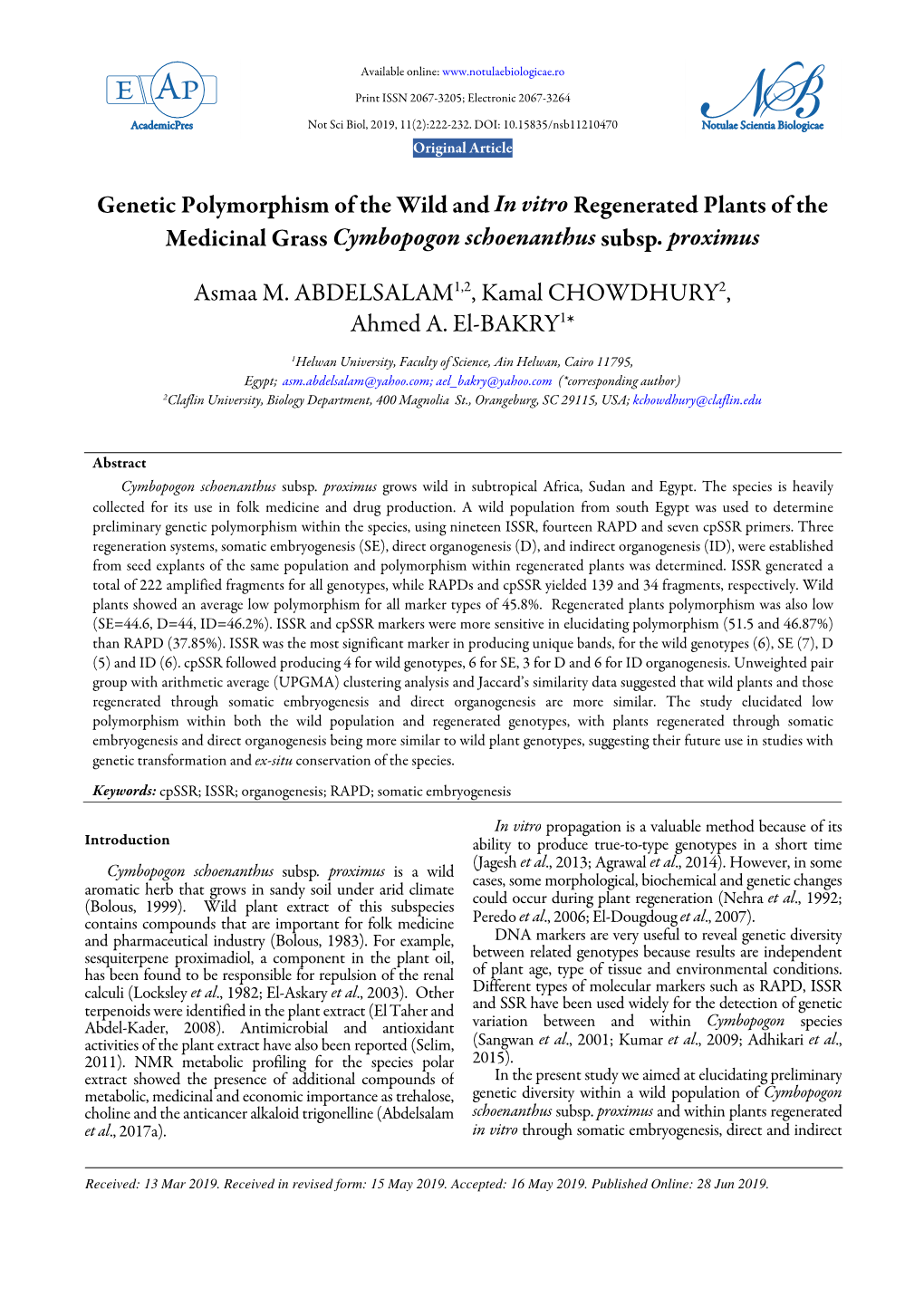 Genetic Polymorphism of the Wild and in Vitro Regenerated Plants of the Medicinal Grass Cymbopogon Schoenanthus Subsp