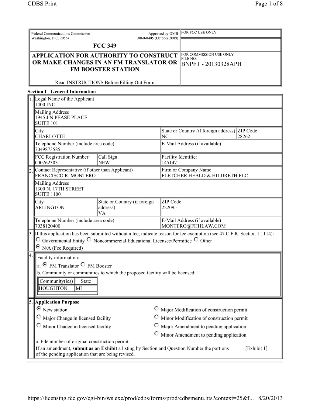 Fcc 349 Application for Authority to Construct Or