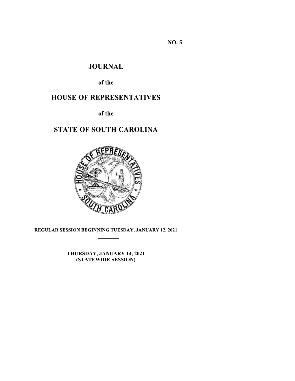 Journal House of Representatives State of South Carolina