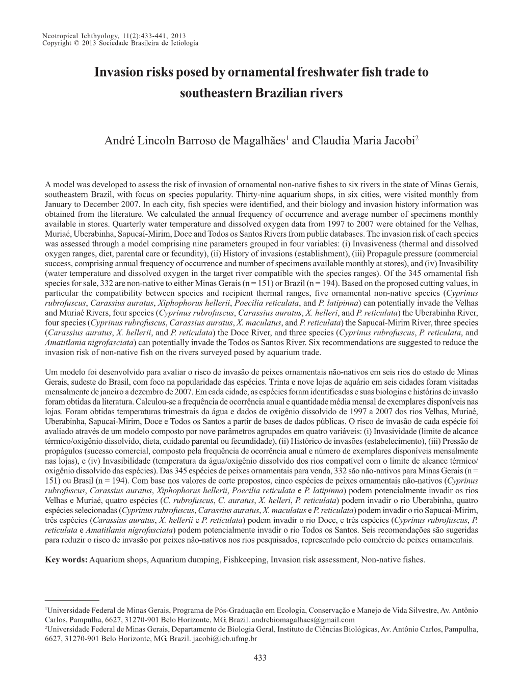 Invasion Risks Posed by Ornamental Freshwater Fish Trade to Southeastern Brazilian Rivers