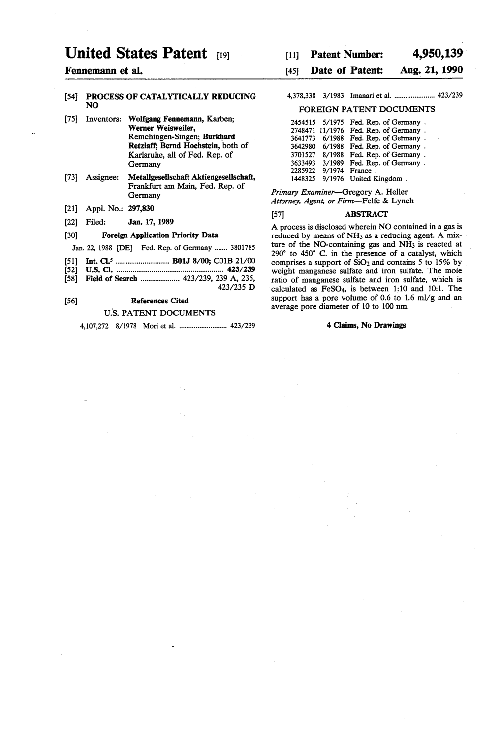 United States Patent (19) 11 Patent Number: 4,950,139 Fennemann Et Al