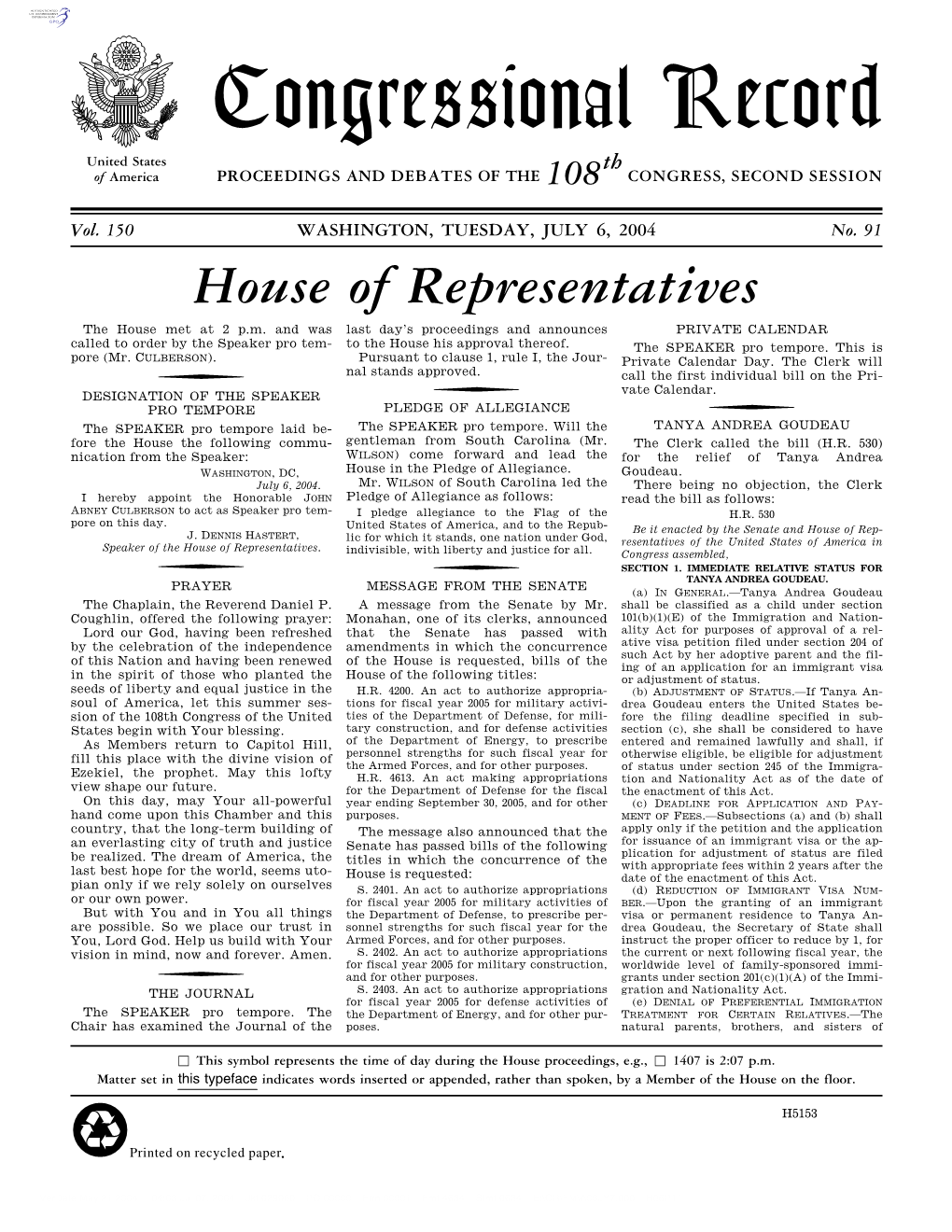 Congressional Record United States Th of America PROCEEDINGS and DEBATES of the 108 CONGRESS, SECOND SESSION