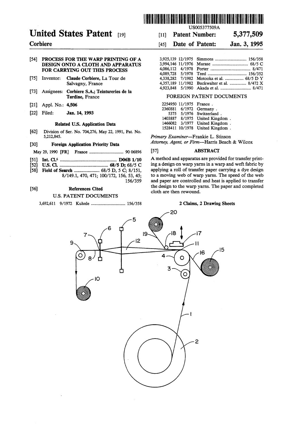 United States Patent (19) 11) Patent Number: 5,377,509 Corbiere 45 Date of Patent: Jan