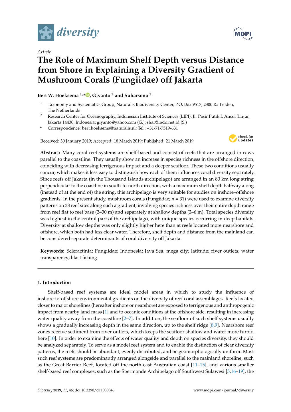 The Role of Maximum Shelf Depth Versus Distance from Shore in Explaining a Diversity Gradient of Mushroom Corals (Fungiidae) Off Jakarta