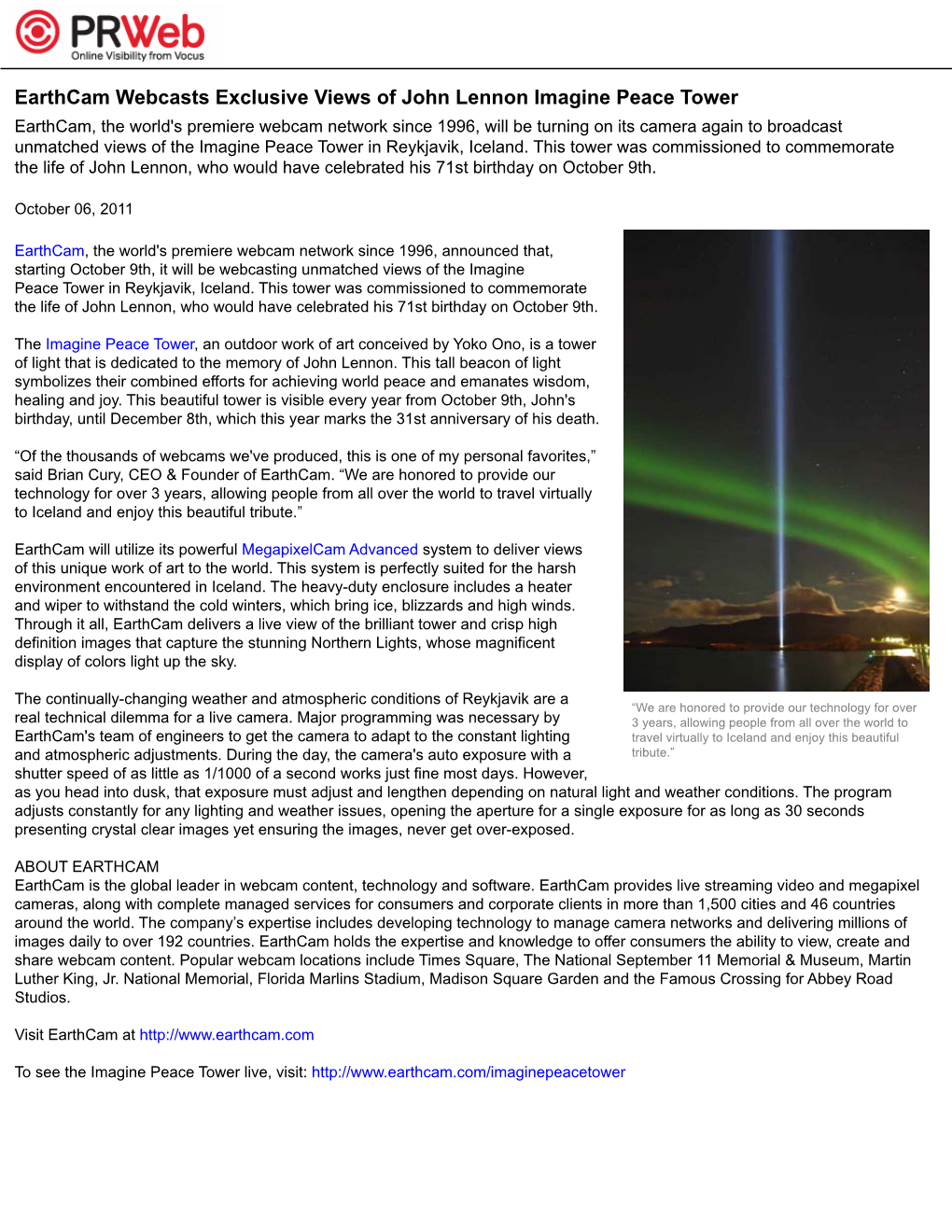 Earthcam Webcasts Exclusive Views of John Lennon Imagine Peace Tower