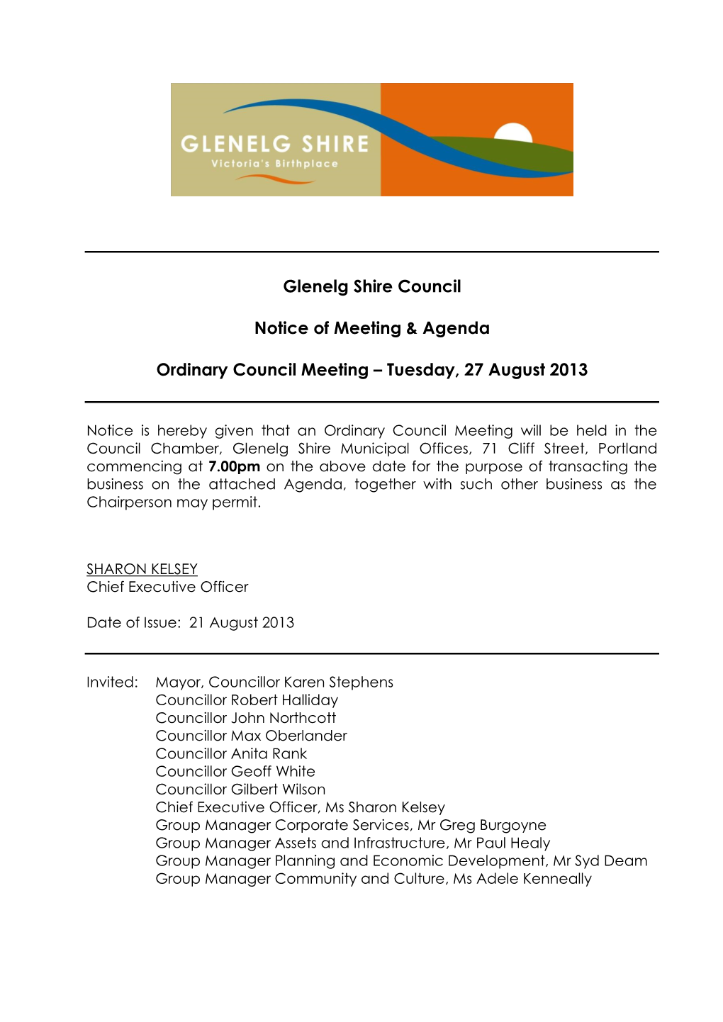 Glenelg Shire Council Notice of Meeting & Agenda Ordinary