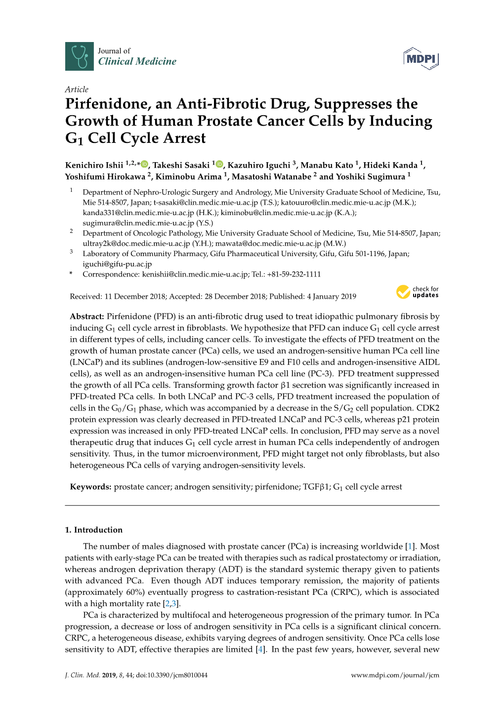 Pirfenidone, an Anti-Fibrotic Drug, Suppresses the Growth of Human Prostate Cancer Cells by Inducing G1 Cell Cycle Arrest