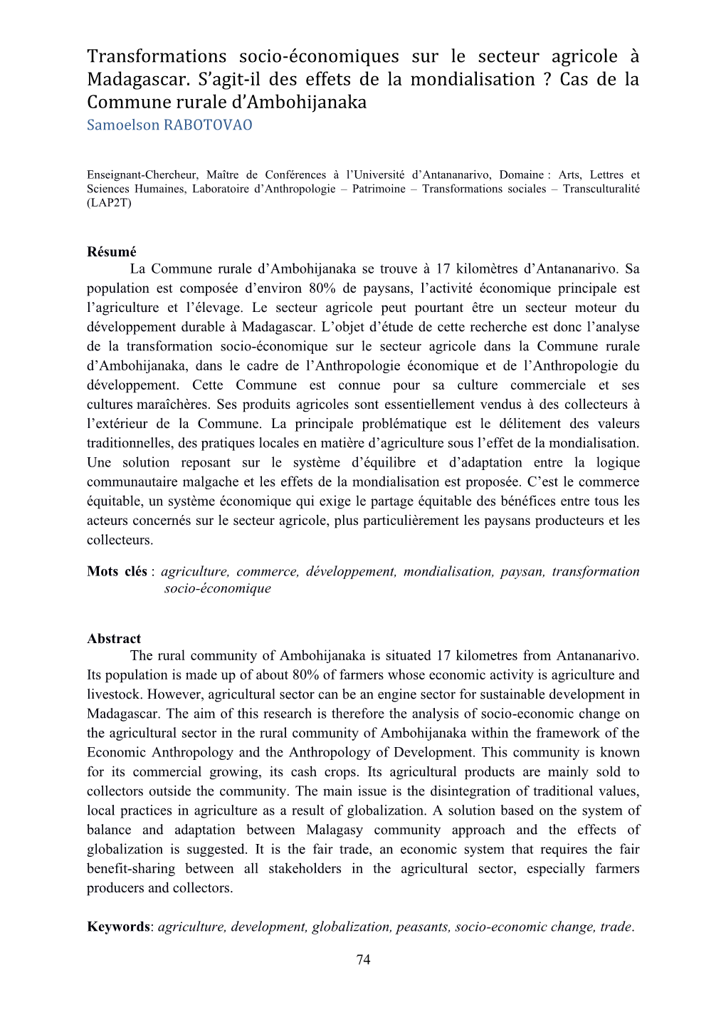 Transformations Socio-Économiques Sur Le Secteur Agricole À Madagascar