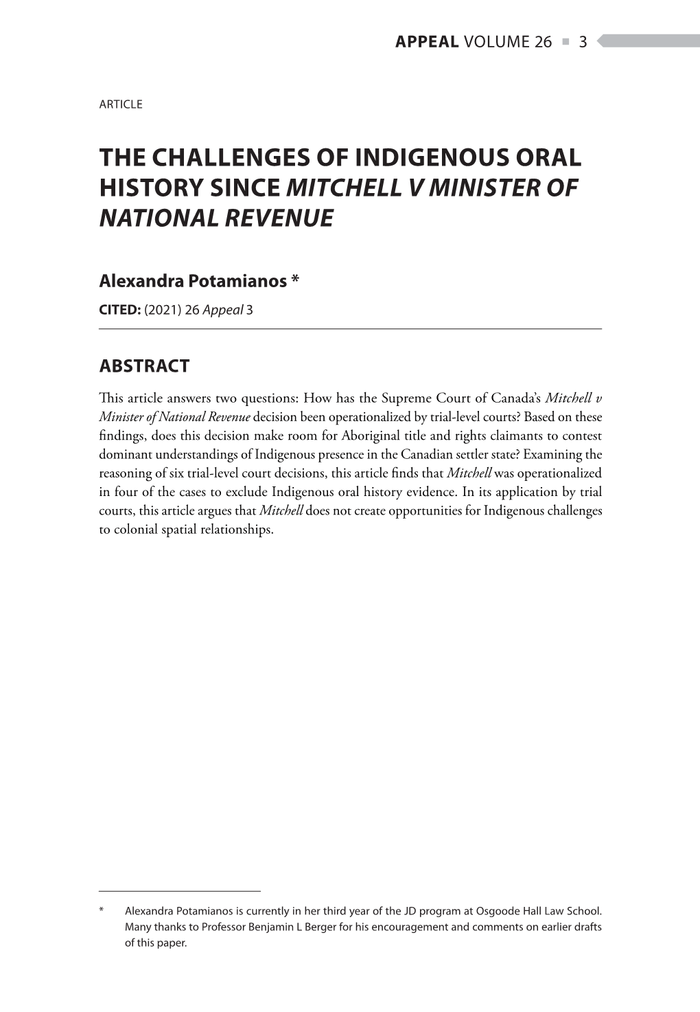 The Challenges of Indigenous Oral History Since Mitchell V Minister of National Revenue