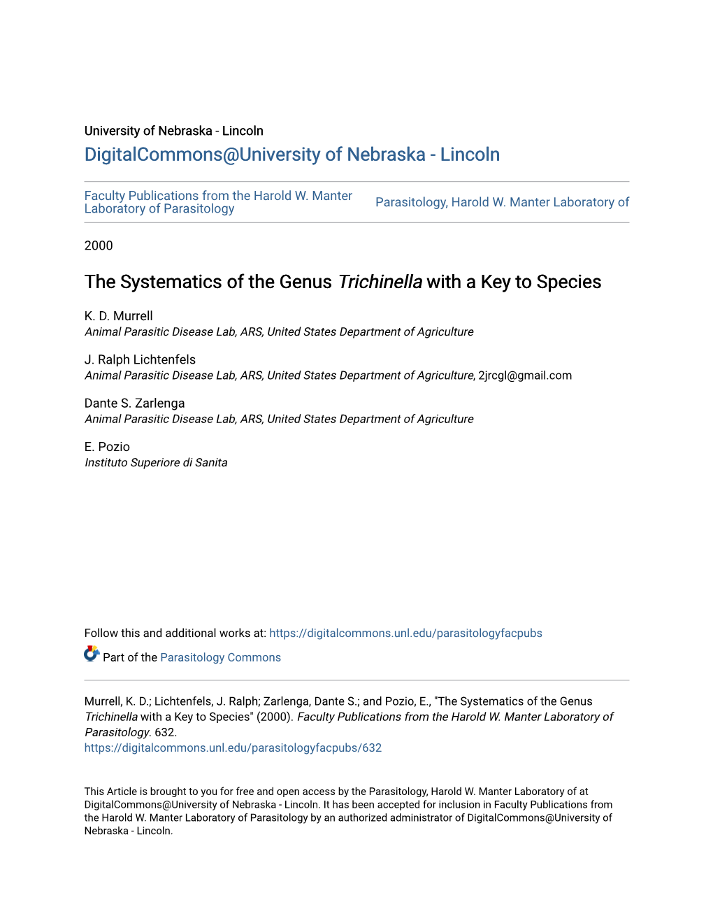 The Systematics of the Genus <I>Trichinella</I>