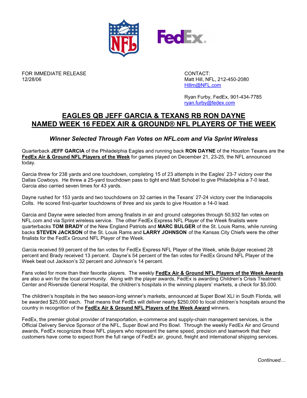 Eagles Qb Jeff Garcia & Texans Rb Ron Dayne Named Week 16 Fedex Air & Ground® Nfl Players of the Week