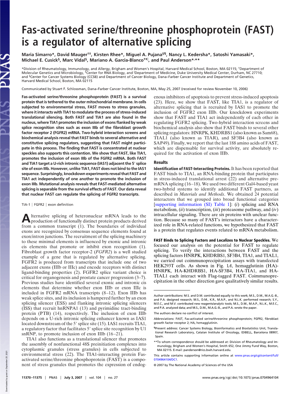 (FAST) Is a Regulator of Alternative Splicing