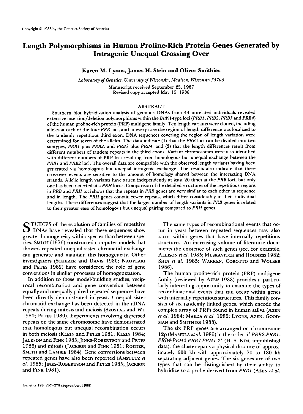 Length Polymorphisms in Human Proline-Rich Protein Genes Generatedby Intragenic Unequal Crossing Over