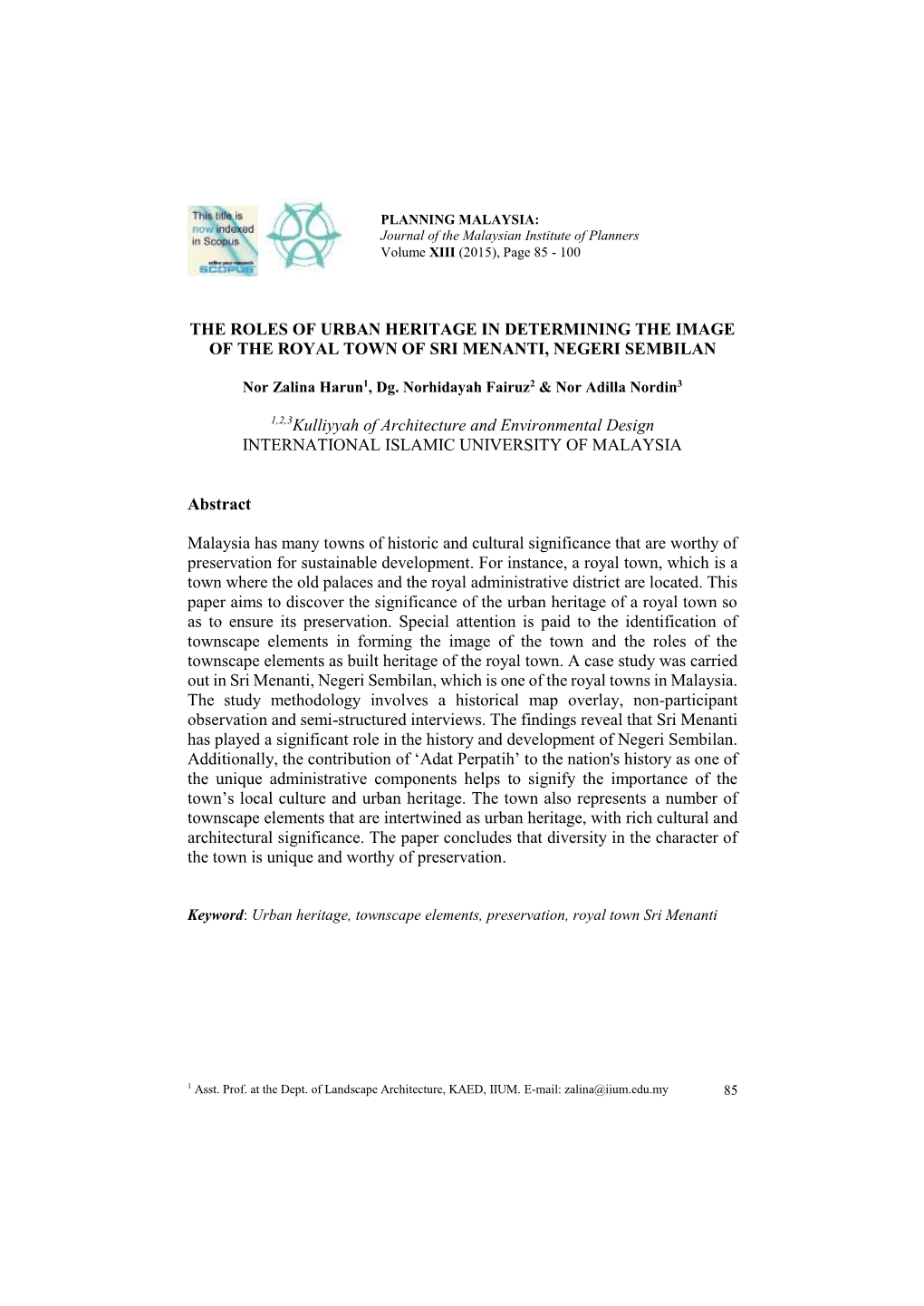 The Roles of Urban Heritage in Determining the Image of the Royal Town of Sri Menanti, Negeri Sembilan