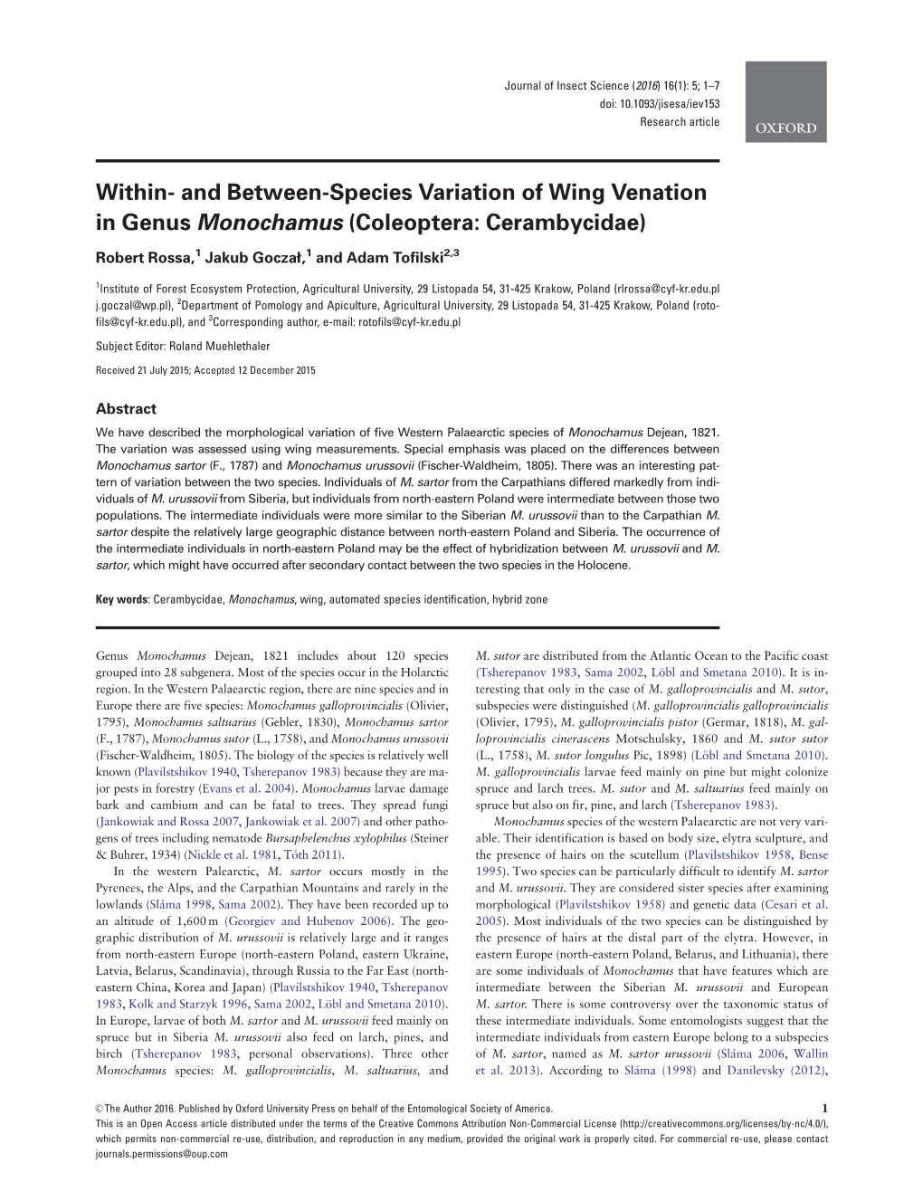 Within- and Between-Species Variation of Wing Venation in Genus Monochamus (Coleoptera: Cerambycidae)