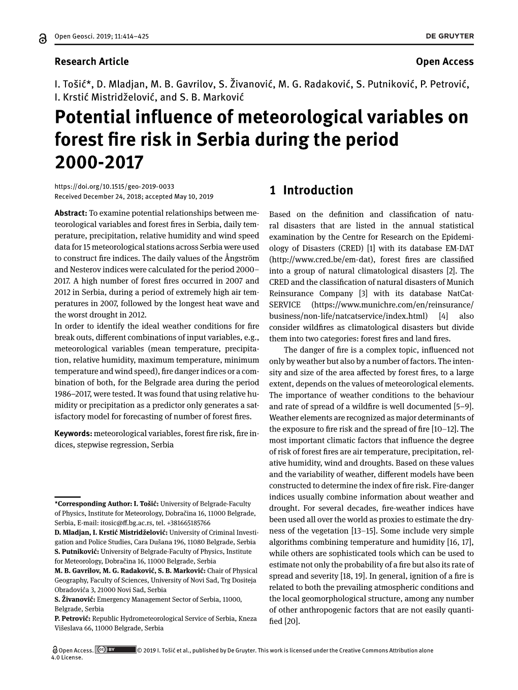 Potential Influence of Meteorological Variables on Forest Fire Risk in Serbia