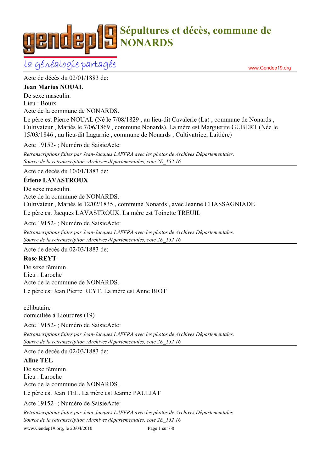 Sépultures Et Décès, Commune De NONARDS
