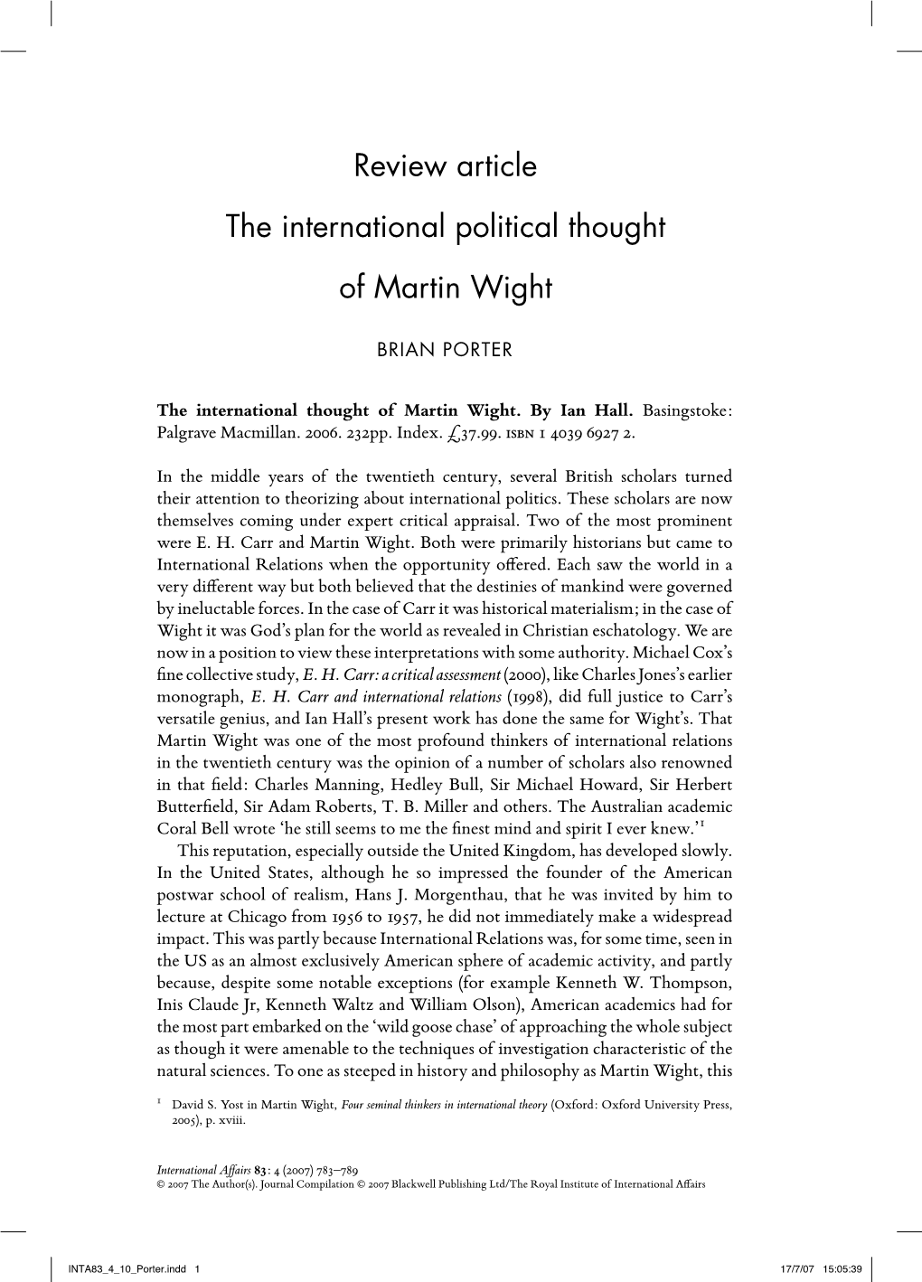 Review Article the International Political Thought of Martin Wight