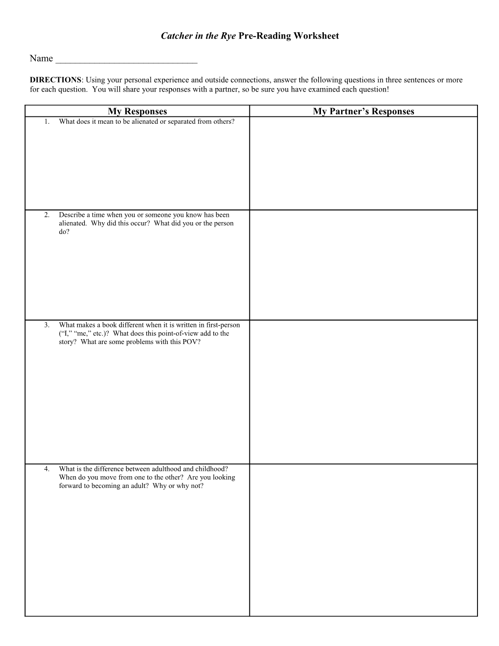 Catcher in the Rye Pre-Reading Worksheet