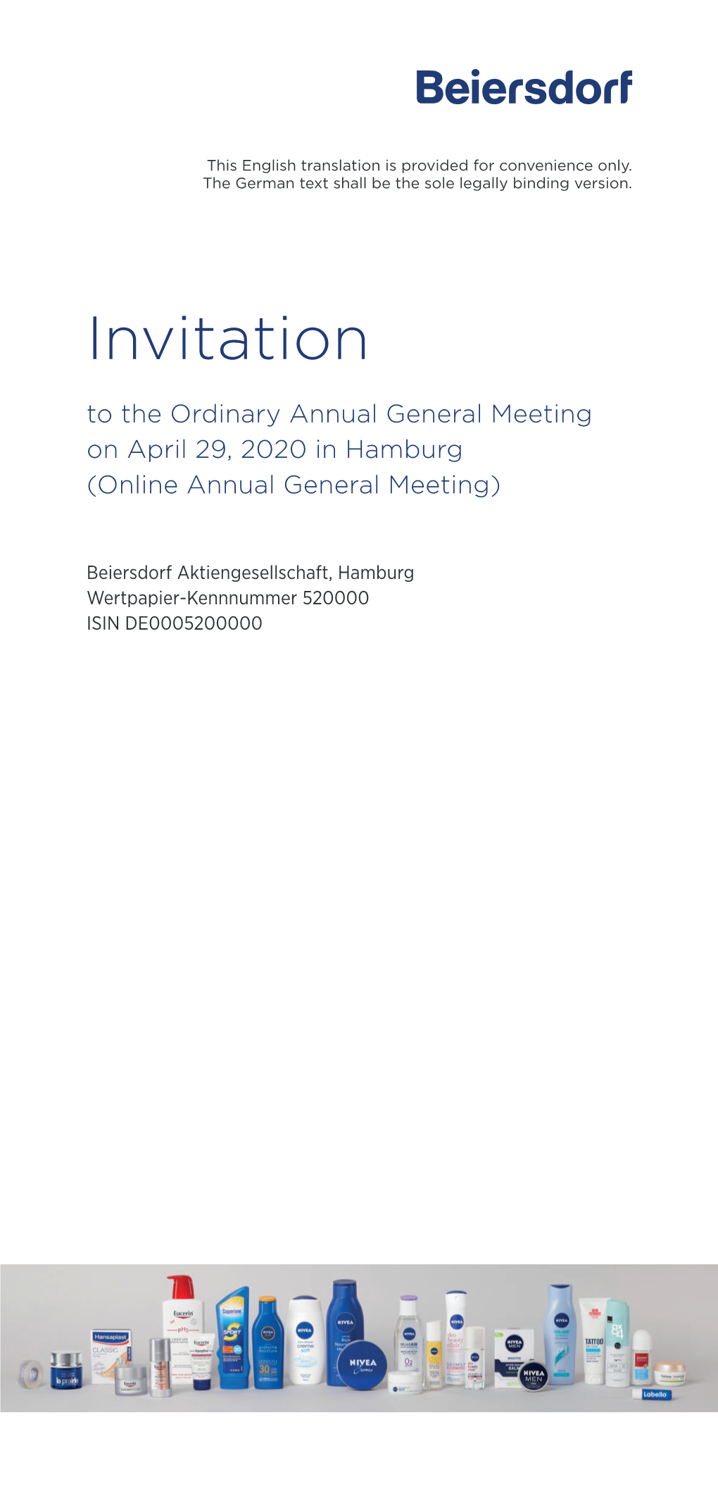 Invitation to the Ordinary Annual General Meeting on April 29, 2020 in Hamburg (Online Annual General Meeting)