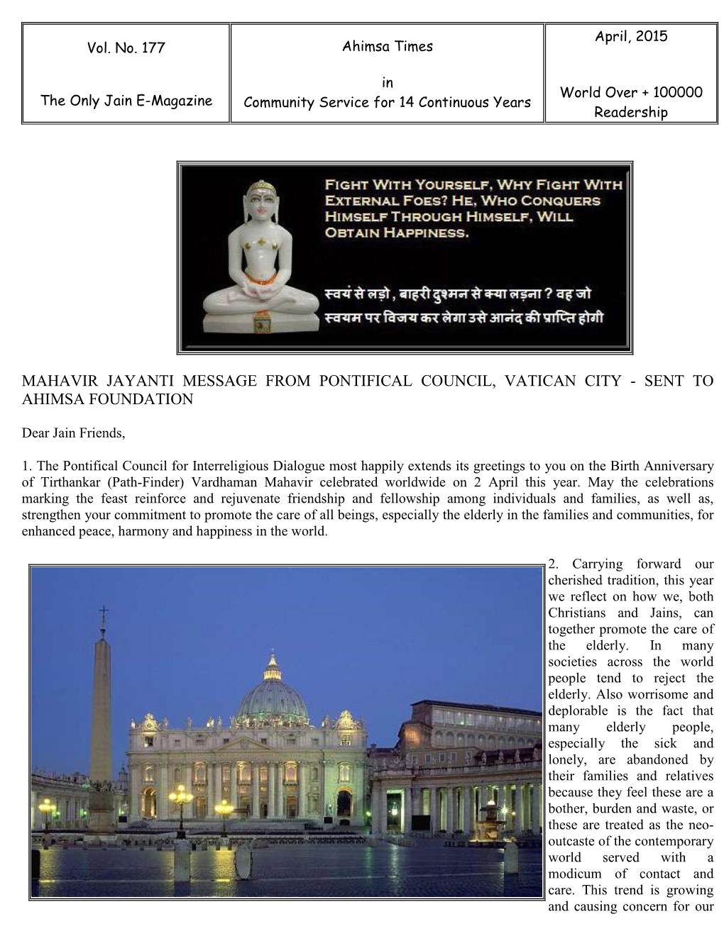 Mahavir Jayanti Message from Pontifical Council, Vatican City - Sent to Ahimsa Foundation