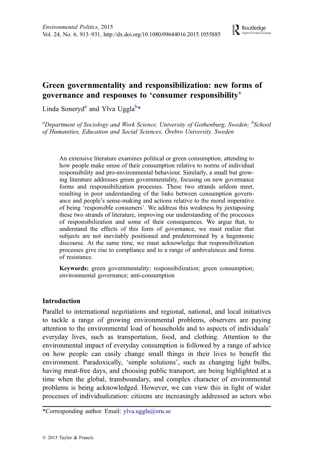 Green Governmentality and Responsibilization: New Forms Of